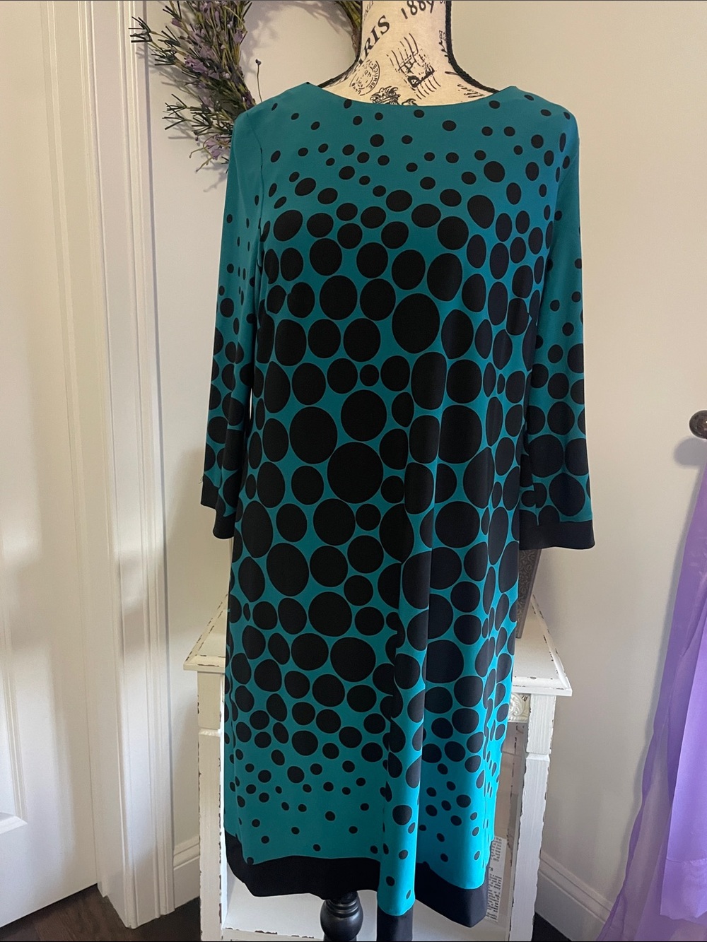 Teal and Black Polka Dot Shift Dress - Elegant Women's Dress